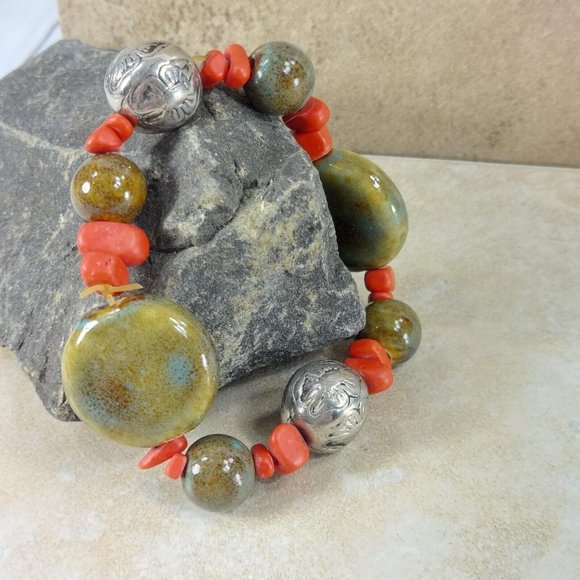 Silver Beaded Stones Bracelet Handmade Beads Jewelry Jewel Trinket Gift for Her - Picture 5 of 8